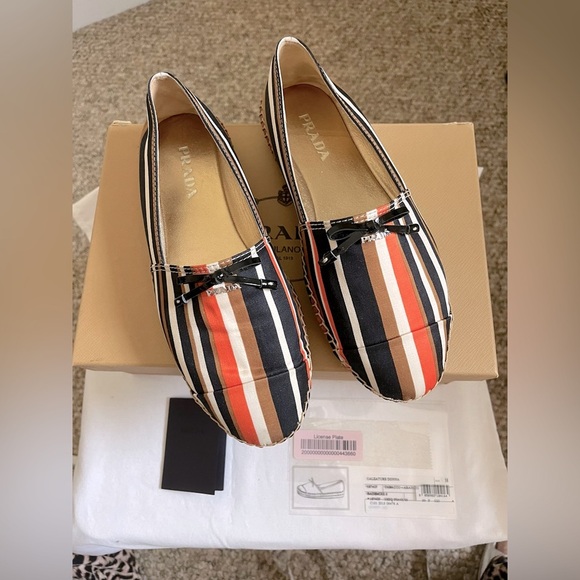 Prada Calzature Donna Tabacco/Arancio Striped Slip On Logo Espadrille Sz 38 NIB - Picture 1 of 16